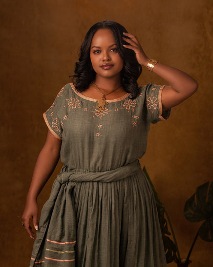 Green and Peach Design Habesha Dress  Striped Pattern Habesha Kemis Cultural Ethiopian Clothing 170