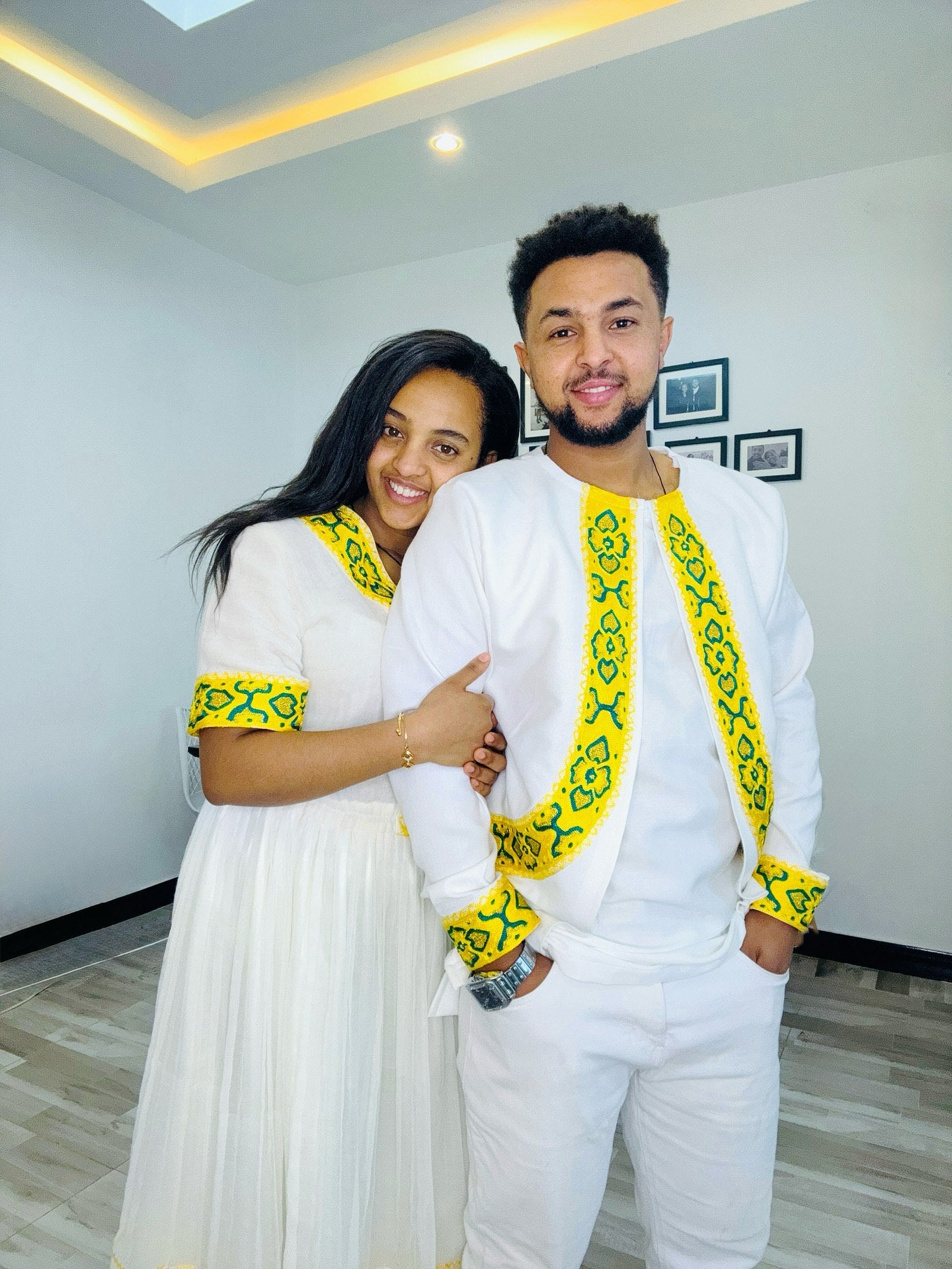 Matching Habesha Couple Outfit Yellow Embroidery Ethiopian Clothing Beautiful Couple Set 171