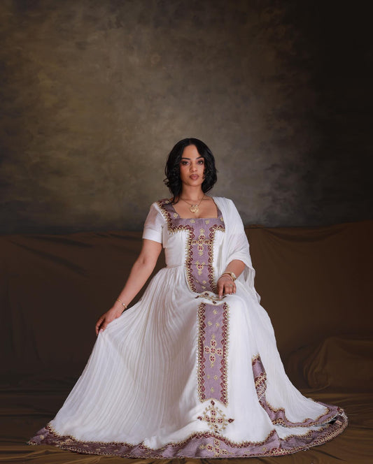 white and purple embroidered ethiopian traditional dress habesha cloth