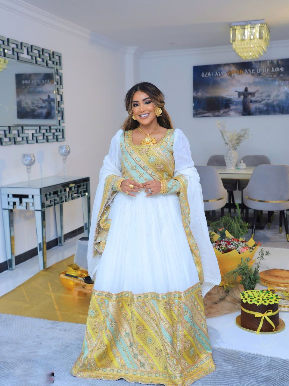 elegant white and gold embroidered traditional ethiopian wedding dress