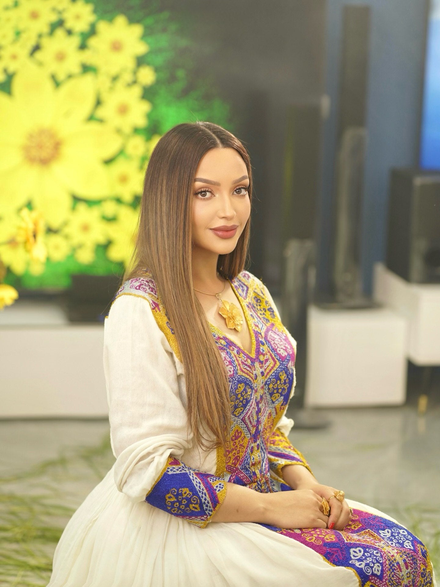 white embroidered Ethiopian traditional dress Habesha Kemis For Special Celebrations Long Sleeve Habesha Dress 176