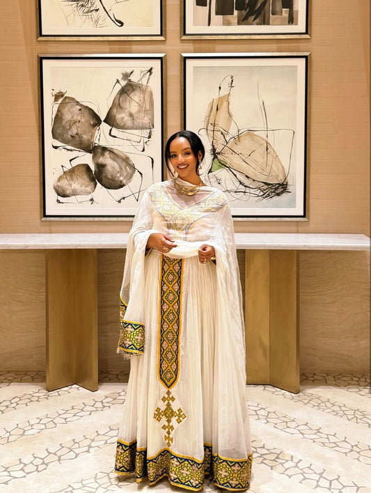 elegant Habesha cloth Ethiopian dress with green and gold embroidery