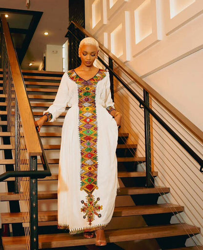 White Long-Sleeve Traditional Ethiopian Dress With Colorful Embroidery Design S White Long-Sleeve Traditional Ethiopian Dress With Colorful Embroidery Design S
