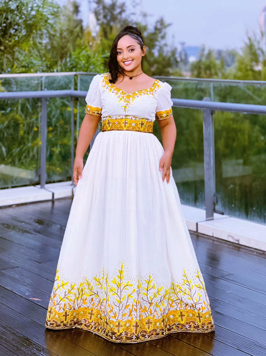 Yellow Embroidery Short Sleeve Habesha Kemis