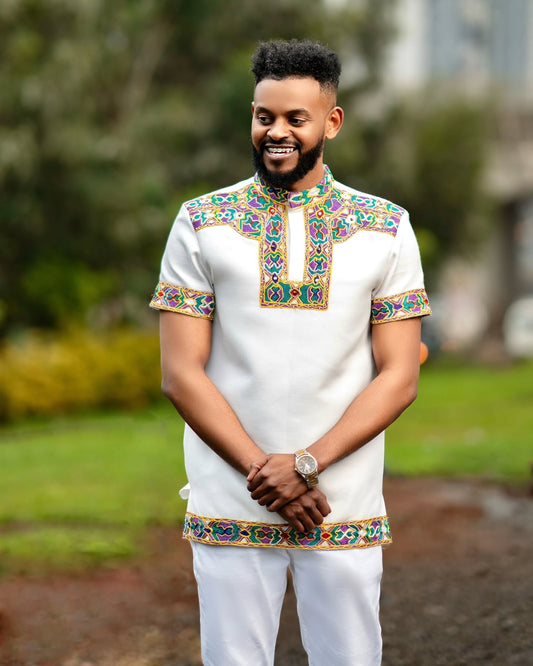 Men’s White Short Sleeve Ethiopian Traditional Shirt