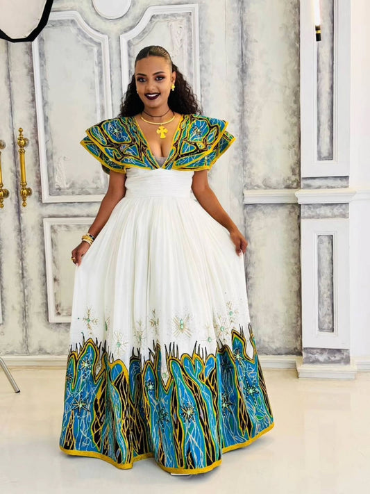 Multicolored Embroidery Wedding Habesha Traditional Dress