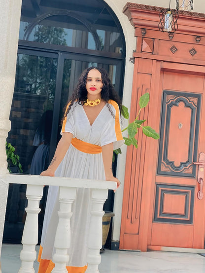 Orange And White Ethiopian Traditional Dress Simple Habesha Kemis Unique Habesha Dress For Event 194