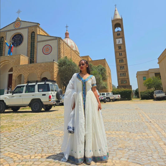 Elegant White Habesha Cloth Ethiopian Traditional Dress with Embroidery