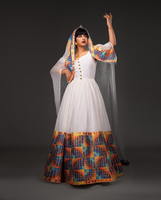 White Habesha Cloth with Multicolor Border – Ethiopian Traditional Dress