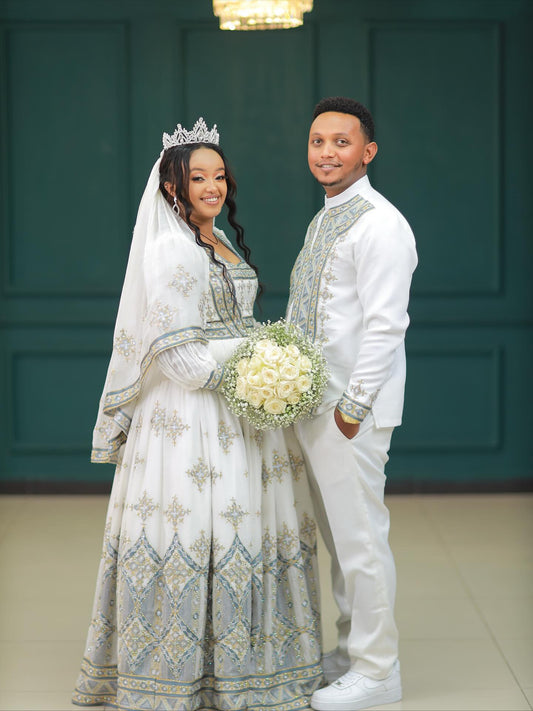 White Habesha Couple Outfit – Handwoven Ethiopian & Eritrean Matching Clothing