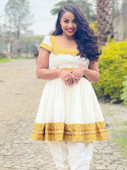 Golden embroidery Ethiopian Clothing short sleeve habesha kemis Festive Short Habesha Dress 205