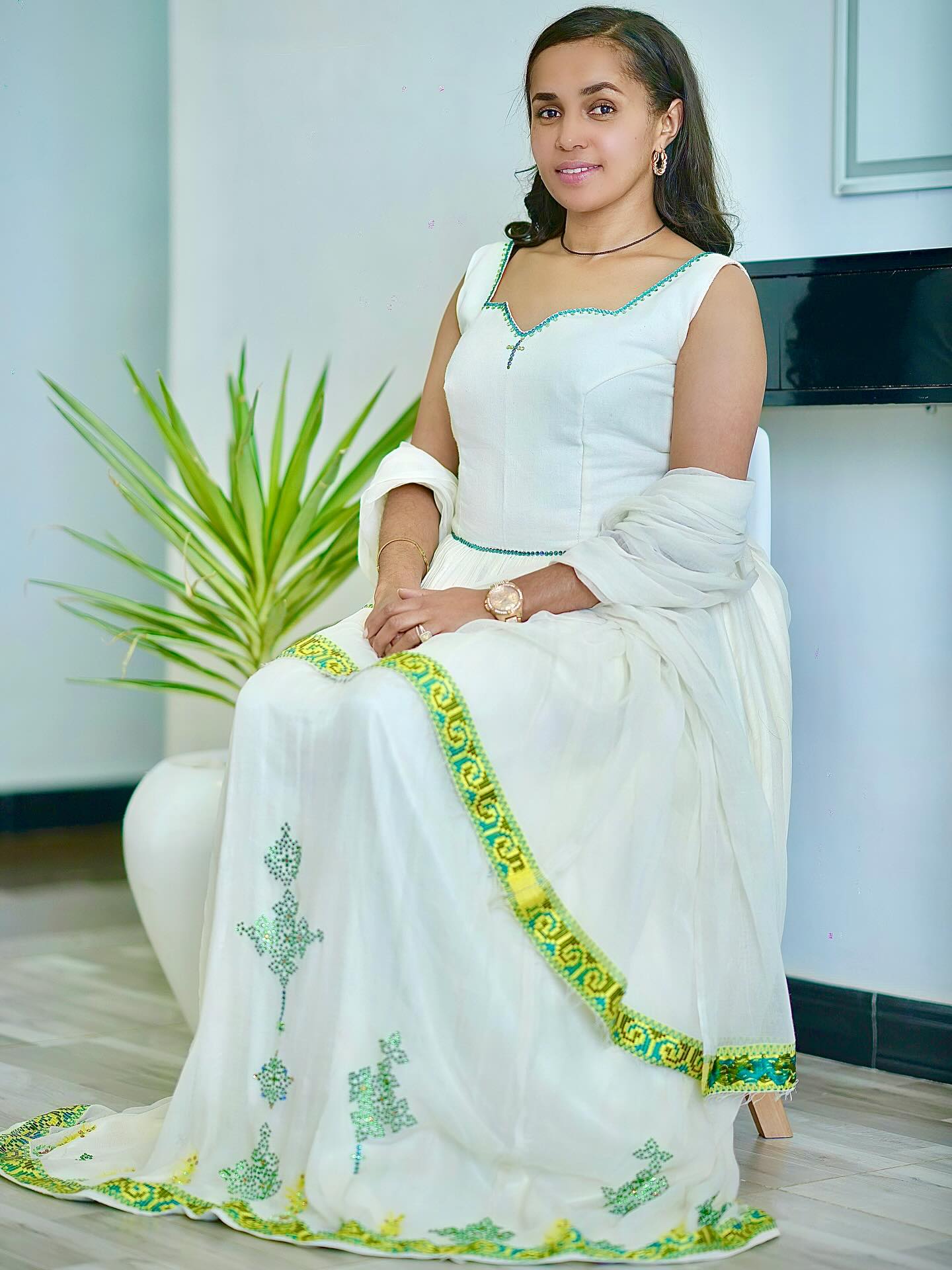 White habesha kemis with green embroidery elegant habesha dress ethiopian traditional dress 206