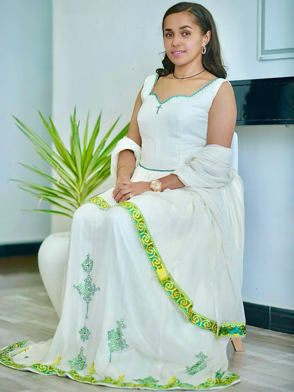 White habesha kemis with green embroidery elegant habesha dress ethiopian traditional dress 206