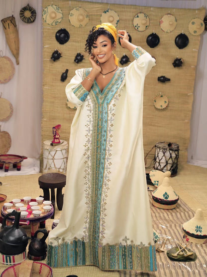 Turquoise and golden embroidery habesha dress elegant habesha kemis ethiopian traditional dress