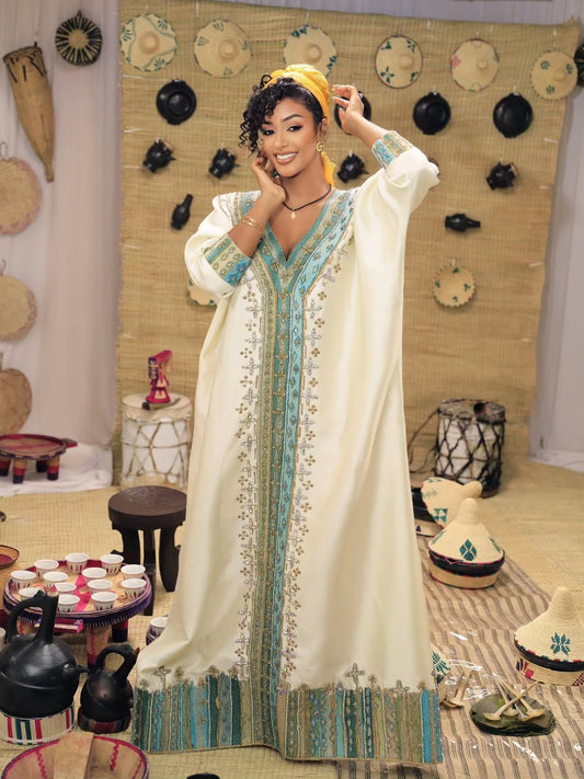 Turquoise and golden embroidery habesha dress elegant habesha kemis ethiopian traditional dress