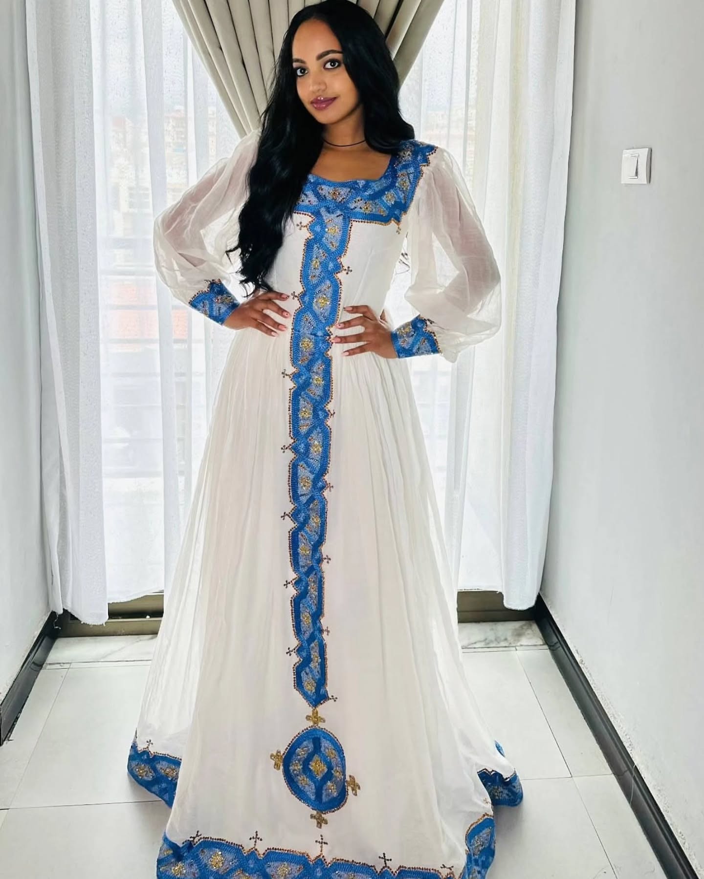 White habesha dress with blue and gold embroidery elegant Ethiopian traditional dress 