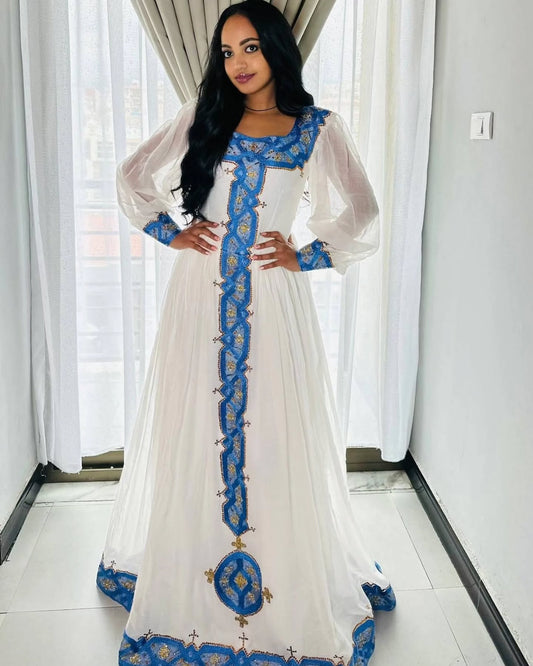 White habesha dress with blue and gold embroidery elegant Ethiopian traditional dress 