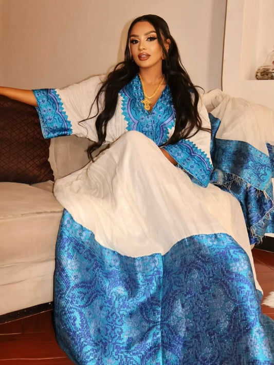 White habesha dress with blue embroidery ethiopian traditional clothing 