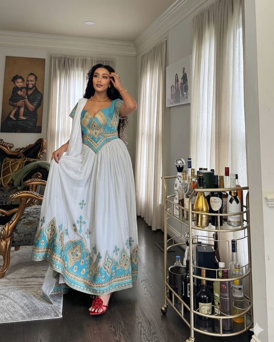 White and Turquoise Embroidery Habesha Kemis  Elegant Habesha Dress Traditional Ethiopian Dress