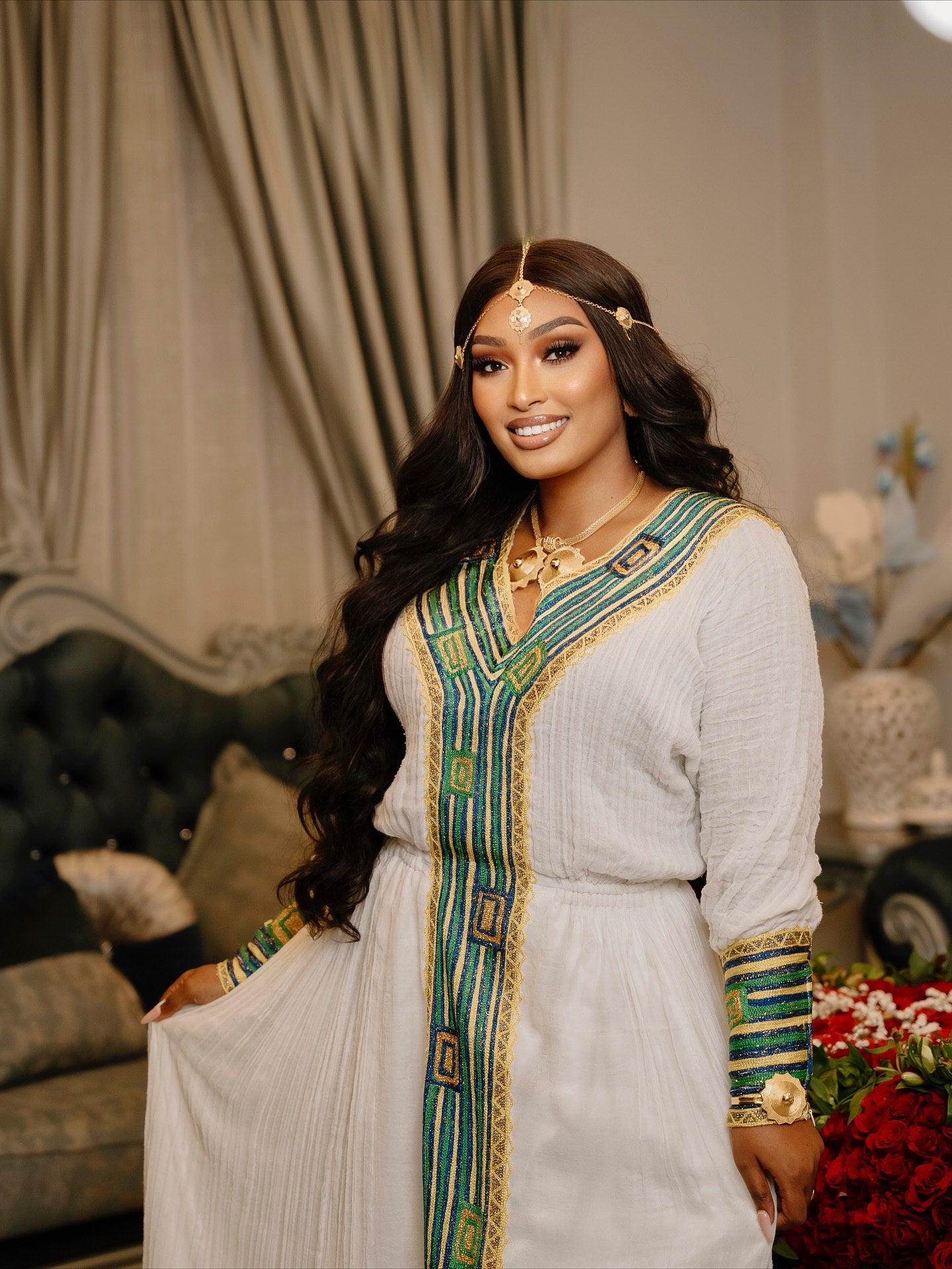 Traditional Ethiopian Dress Habesha Dress Green and Gold Embroidery Habesha Kemis 215