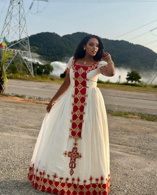 Red Embroidery Habesha Kemis  Habesha Dress  Ethiopian Traditional Dress