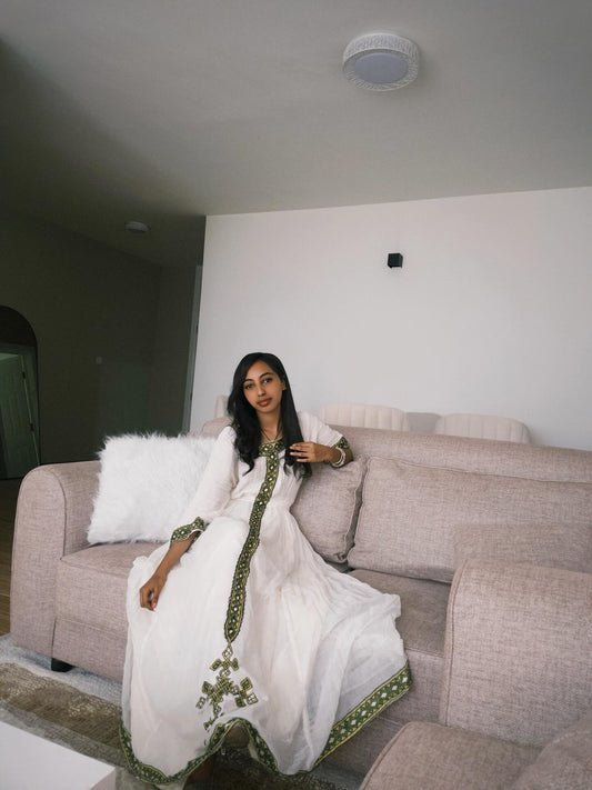 Green Embroidery Long Sleeve Habesha Kemis Ethiopian Dress Traditional Ethiopian Clothing