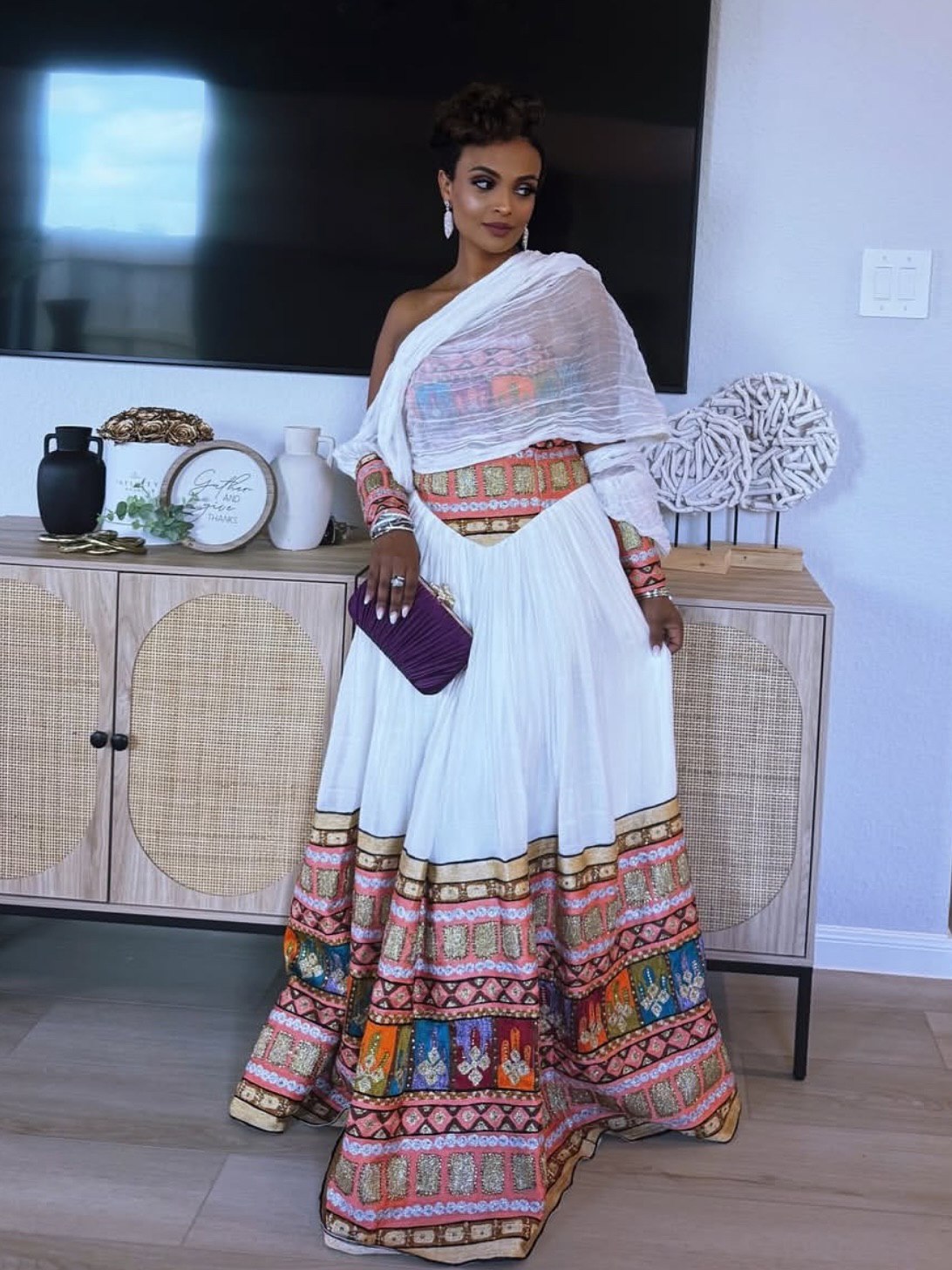 Multicolor Embroidery Habesha Kemis Traditional Ethiopian Wedding Dress 
