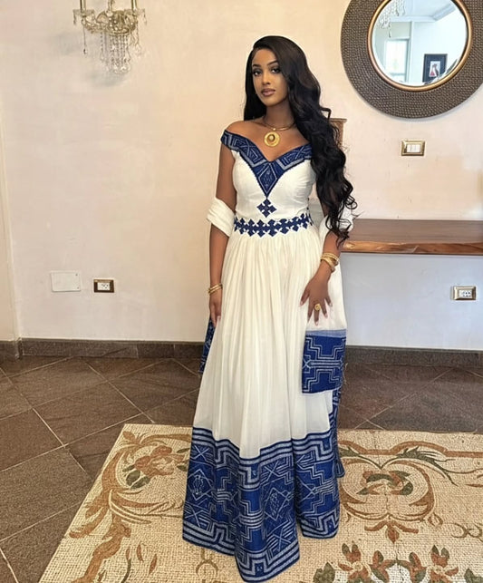 Blue Embroidery Habesha Kemis Ethiopian Traditional Dress Habesha Dress