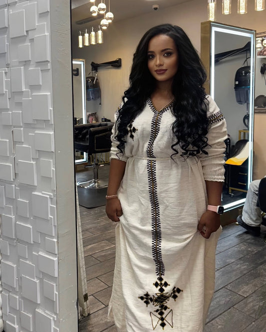 Cross Embroidery Habesha Kemis – Elegant Traditional Ethiopian Dress