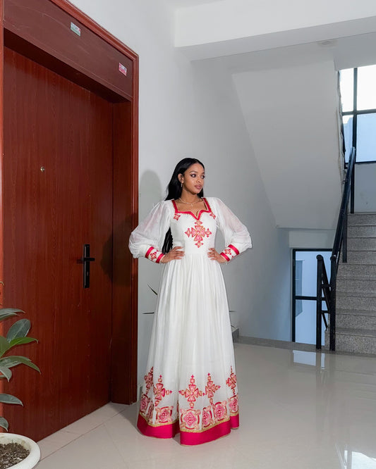 Red Embroidered Habesha Kemis – Elegant Long Sleeve Ethiopian Traditional Dress