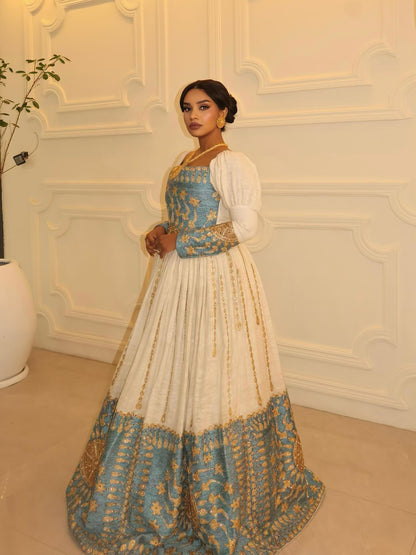 Turquoise & Gold Habesha Dress Elegant Traditional Ethiopian Wedding Dress Classic Habesha Kemis 166