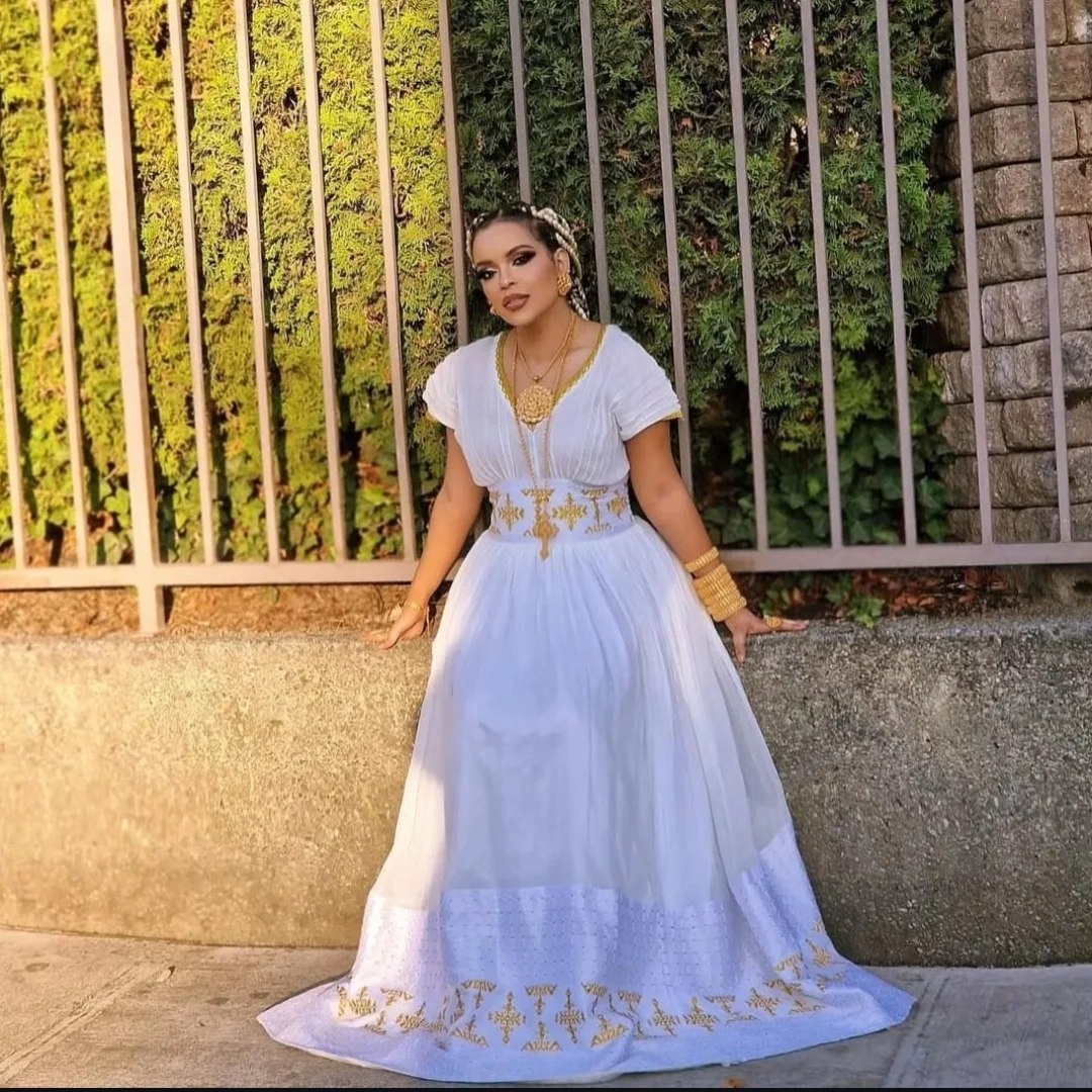 White Habesha Kemis Elegant Ethiopian Dress with Cross Embroidery Traditional Ethiopian Clothing