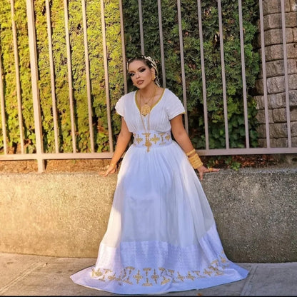 White Habesha Kemis Elegant Ethiopian Dress with Cross Embroidery Traditional Ethiopian Clothing