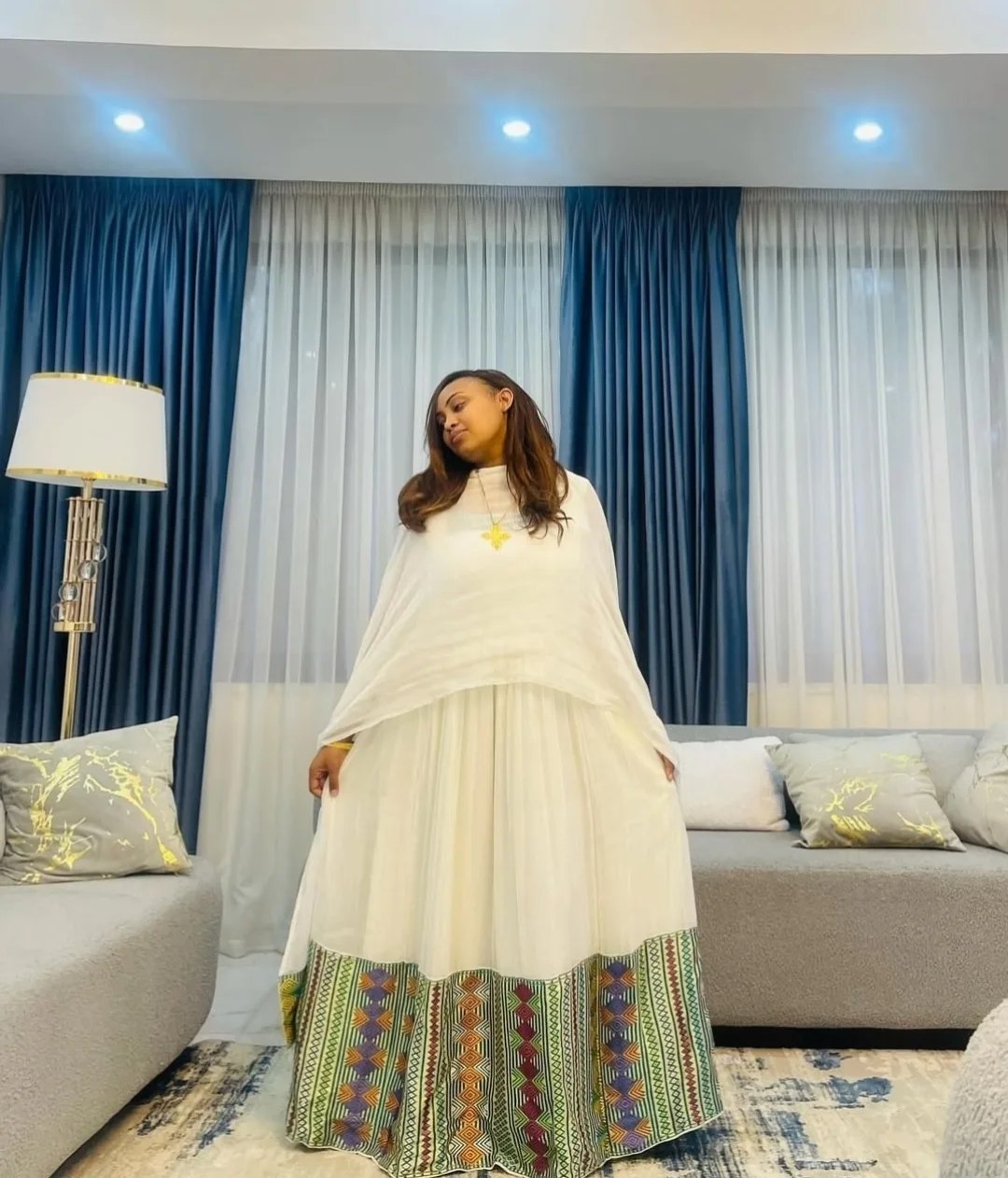 Traditional Ethiopian Dress with Colorful Woven Hem White Habesha Kemis For Event Habesha Dress 214