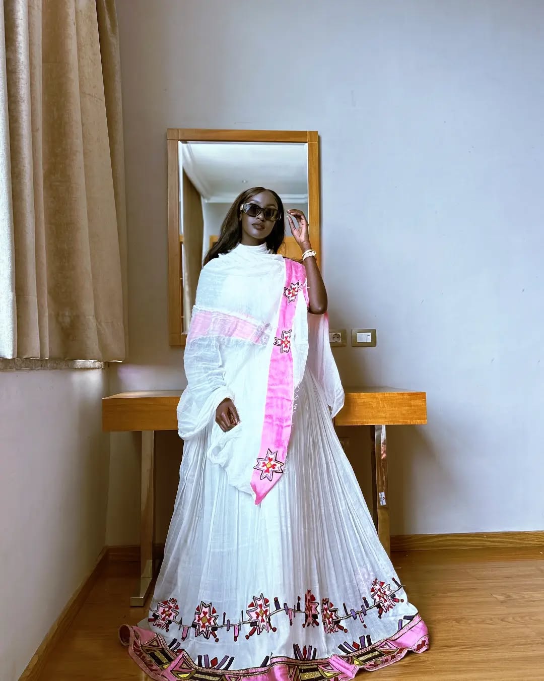 Pink Embroidered Habesha Kemis Ethiopian Dress with Netela Shawl Habesha Dress for Events 240