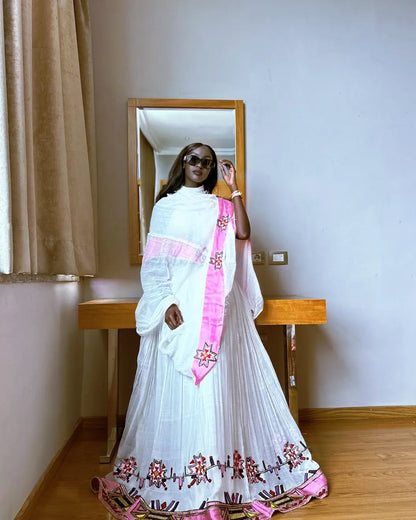 Pink Embroidered Habesha Kemis Ethiopian Dress with Netela Shawl Habesha Dress for Events 240