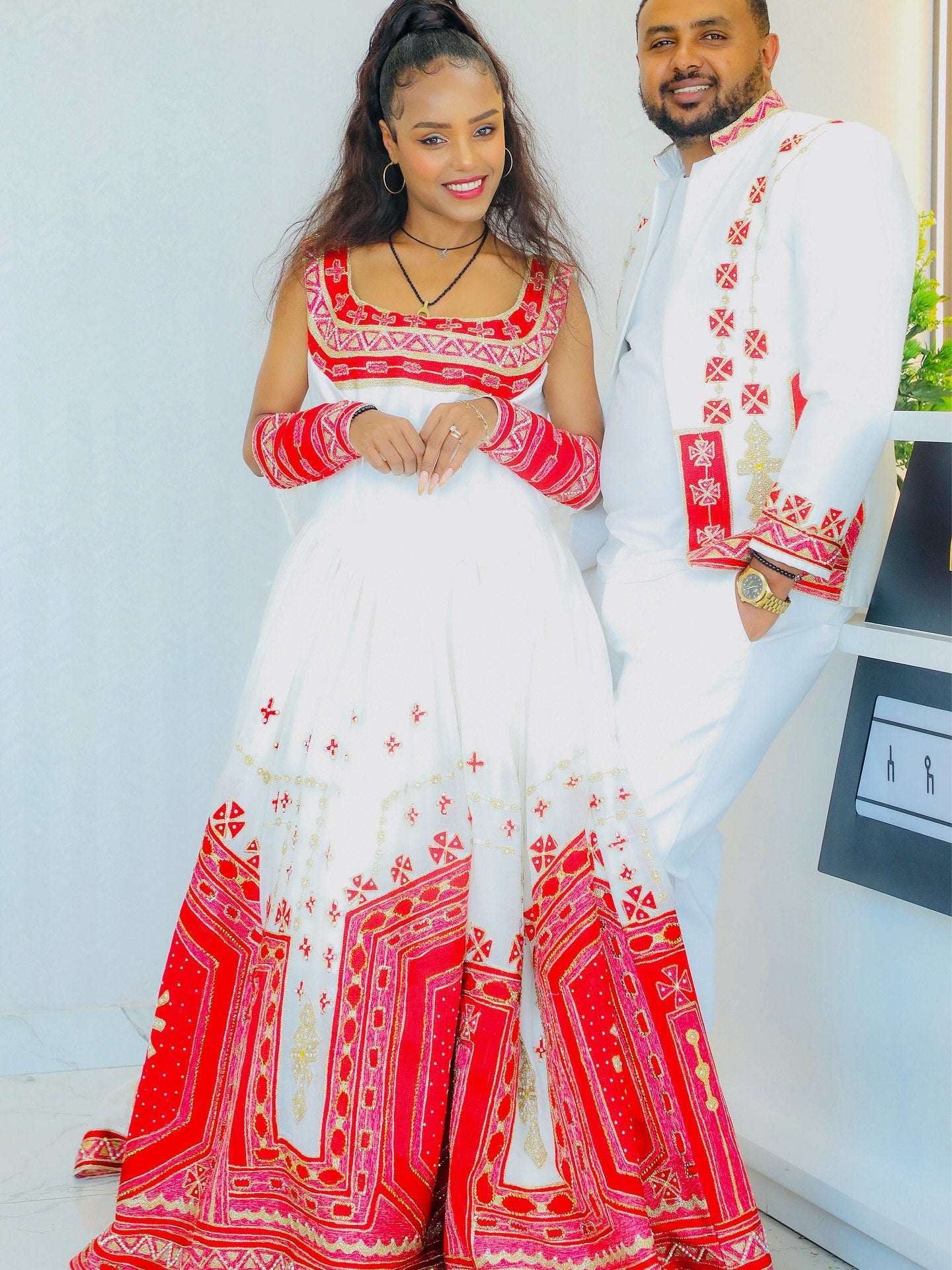 Couple Habesha Kemis And Men's Set Red Embroidered Ethiopian Dress Matching Habesha Outfit 246