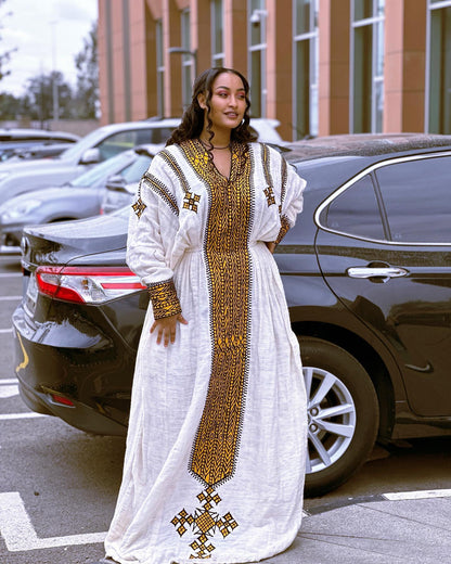 Premium Habesha Kemis Online Unique Ethiopian Dress & Traditional Wear Bold Geometric Embroidery Habesha Dress 248