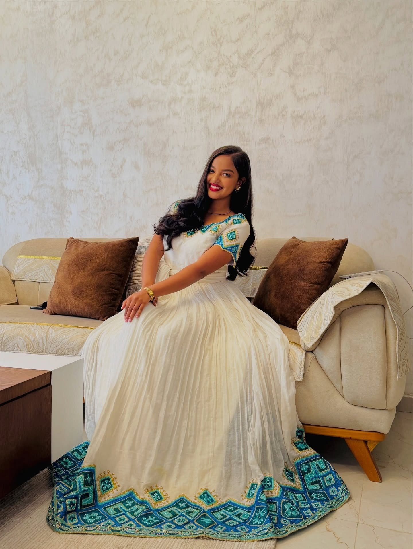 Short Sleeve Ethiopian Clothing Habesha Kemis with Blue Embroidery Handwoven Habesha Dress 250