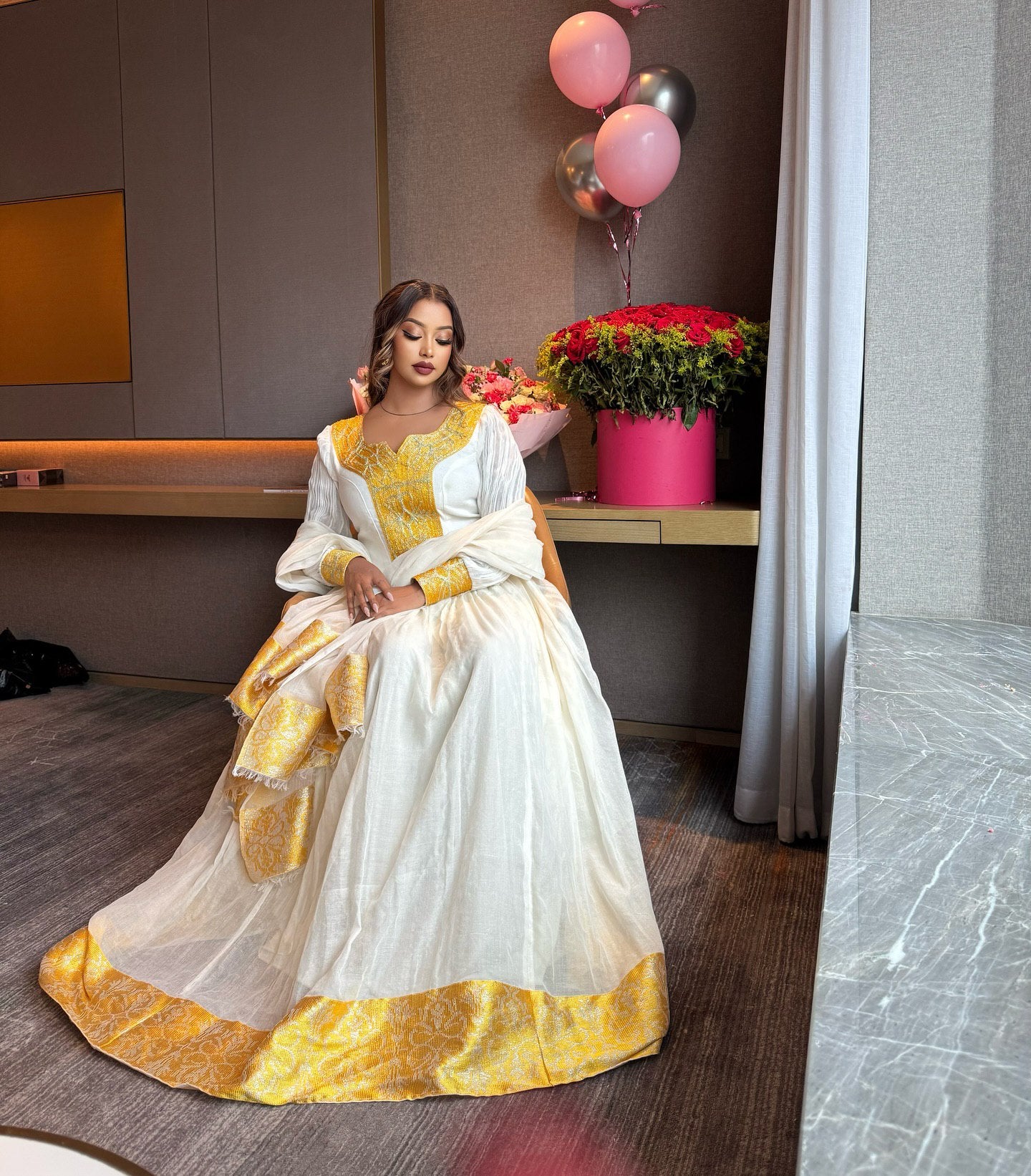 Yellow Woven Habesha Kemis Long Sleeve Traditional Ethiopian Clothing