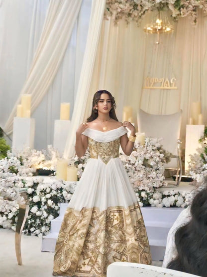 Ethiopian Wedding Dress Golden Habesha Kemis Traditional Ethiopian Dress with Handwoven Detail 267