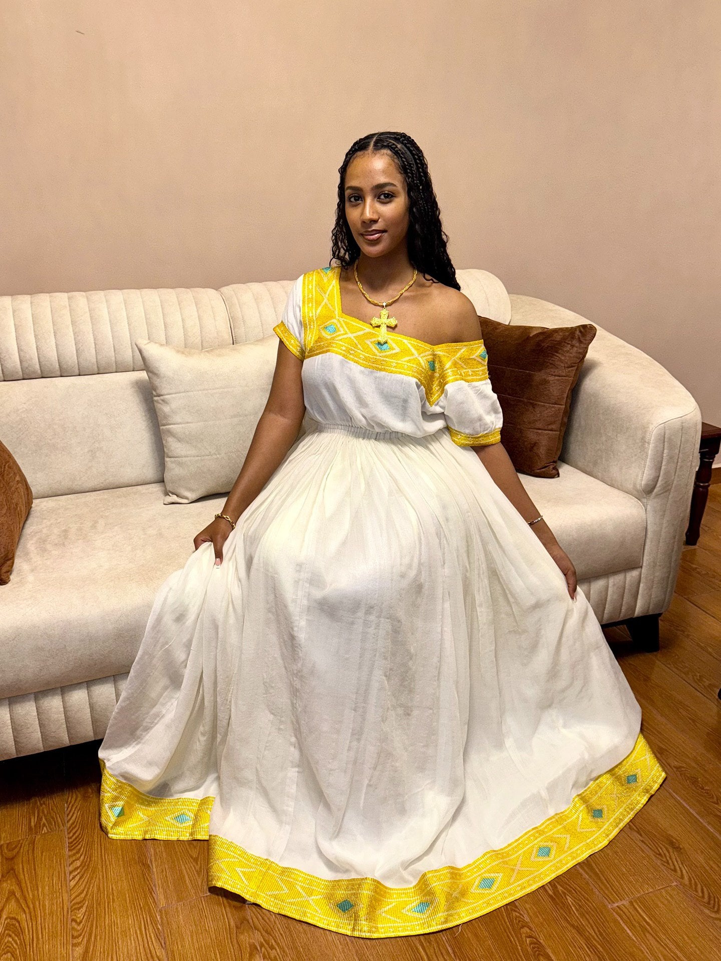 Yellow-Pattern Ethiopian Dress  Handwoven Habesha Cloth with Traditional Embroidery