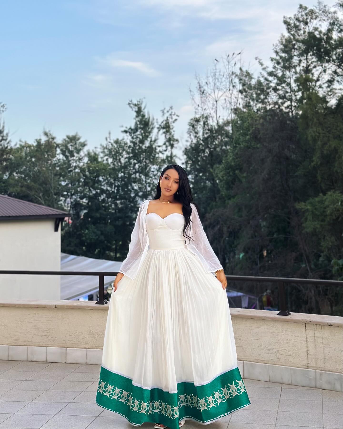 Green Hem Embroidered Habesha Dress Authentic Ethiopian & Eritrean Style