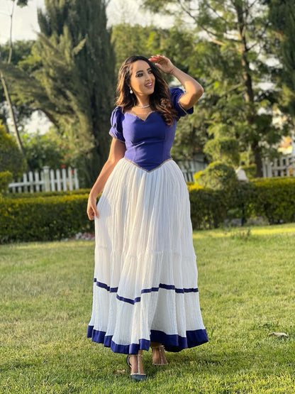Blue Puff Sleeve Habesha Dress Authentic Ethiopian & Eritrean Style