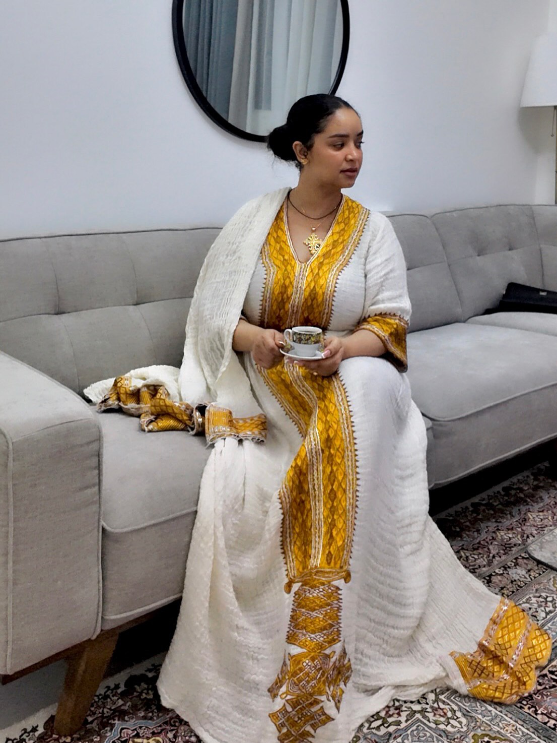 Golden Embroidery Habesha Dress with Traditional Ethiopian Clothing Accents