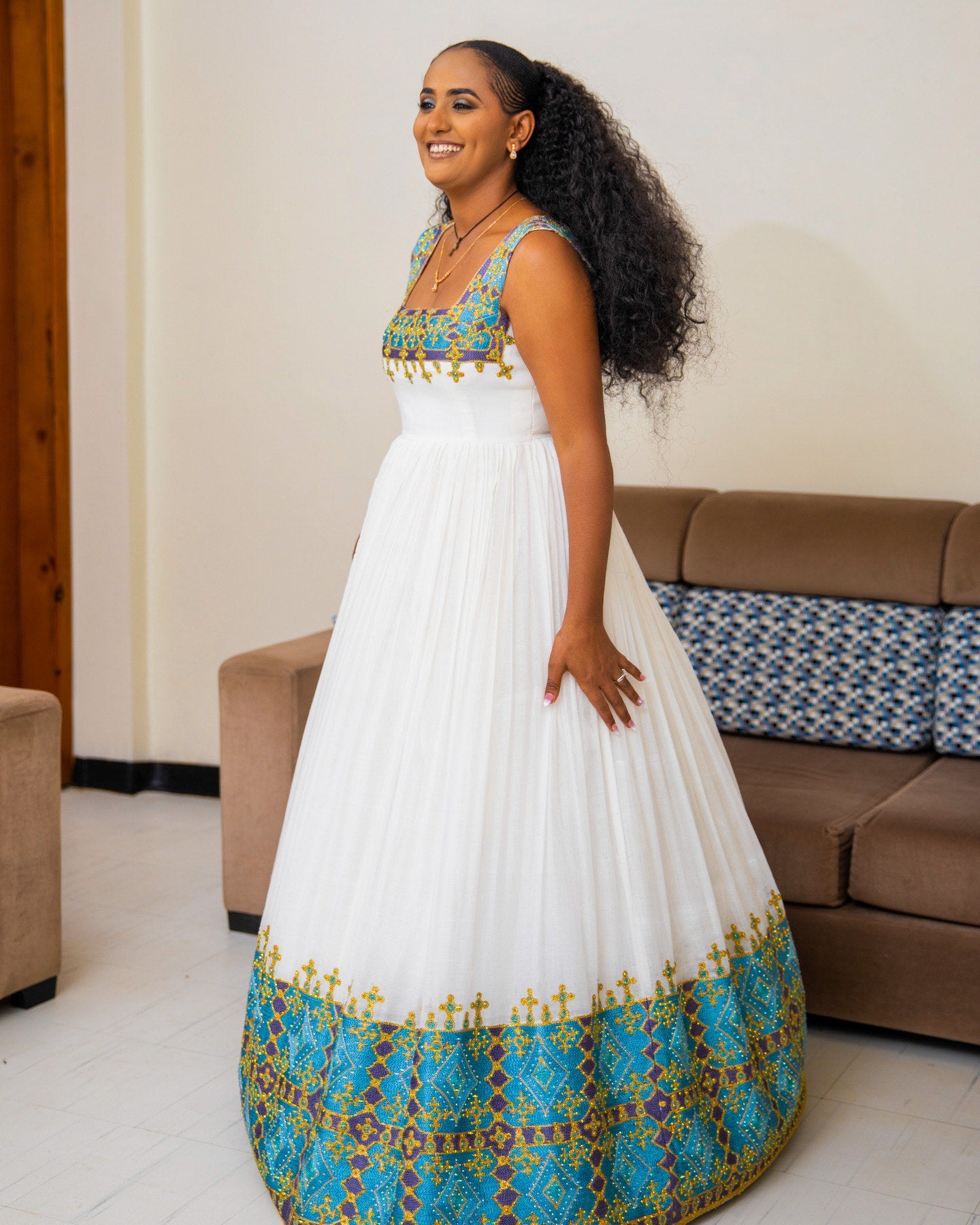 Sleeveless Habesha Dress Elegant Ethiopian Wedding-Inspired Design in Premium Habesha Cloth