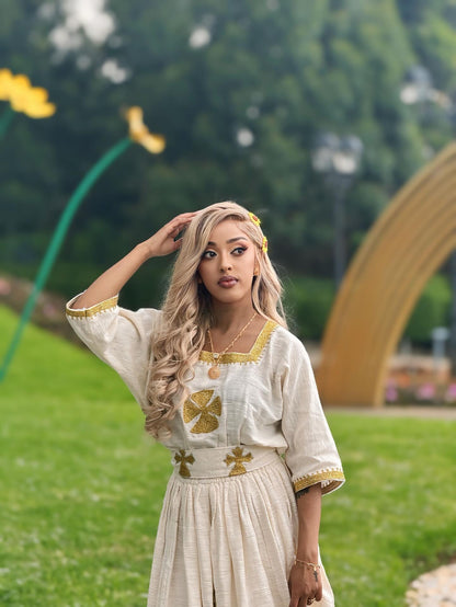 White & Gold Habesha Dress Hand Embroidered Habesha Kemis Ethiopian Traditional Dress for Women 301