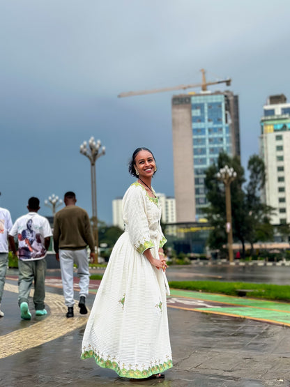 Green Embroidered Habesha Dress White Traditional Ethiopian Dress Soft Habesha Kemis 302