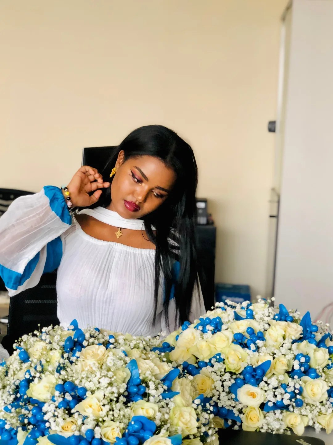 Flowy Habesha Kemis Habesha Dress with Blue Stripes Ethiopian Clothing 304