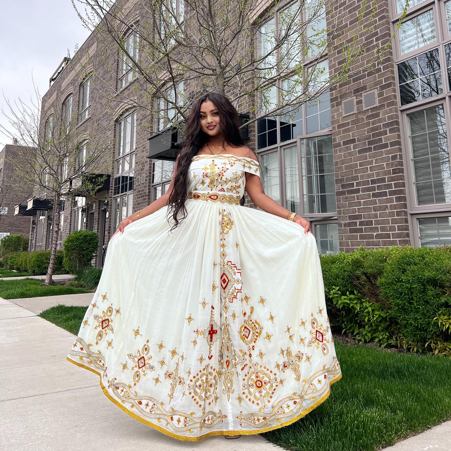Golden Traditional Ethiopian Dress Cross Embroidered Habesha Kemis Traditional Ethiopian Habesha Dress 